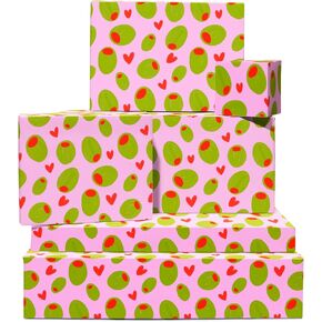 CENTRAL 23 Pink Wrapping Paper - Heart Wrapping Paper - Olive Print - Green - 6 Sheets Of Gift Wrap For Women - For Birthday Anniversary Valentines Day - Recyclable