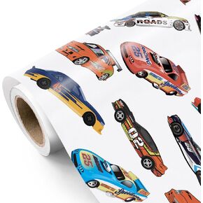 WRAPAHOLIC Race Car Wrapping Paper Roll - Mini Roll - 17 Inch x 16.5 Feet - Adorable Bear, Dinosaur and Racing Track Design for Kids Girls Boys Birthday, Baby Shower
