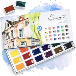 Sonnet Student Grade Watercolor Paint Set 24 Full Pans 2.5ml Vibrant Colors for Artists and Beginners in Cardboard Box by Nevskaya Palitra