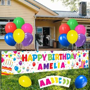 Happy Birthday Banner, Personalized Birthday Decorations with 78 Alphabet Stickers and Balloons, DIY Happy Birthday Yard Banner Birthday Sign Party Supplies for Indoor Outdoor(White）