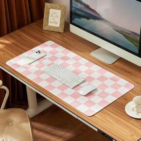 Checkered Desk Mat, 31.5" x 15.7" Large Cute Beige Sand Aesthetic Retro PU Leather Computer Laptop Desk Mat, Non-Slip Waterproof Mouse Keyboard Pad, Desk Writing Mat for Work/Home