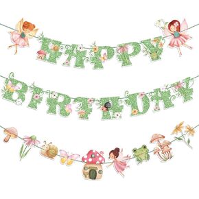 Fairy Happy Birthday Banner Glittery Green Fairies Birthday Party Decorations Pink Butterfly Flower Banner Cutout Garlands for Shower Garden Fairy First Themed Party Supplies