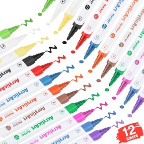 12 Colors Acrylic Paint Pens, Dual Tip Pens With Medium Tip and Brush Tip for Rock Painting, Ceramic, Wood, Plastic, Calligraphy, Canvas, Scrapbooking,DIY Crafts, Card Making