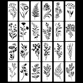 24Pcs Flower Stencils for Painting, 5.9 x 2.9 Inch Floral Paint Stencil Reusable Wildflower Painting Templates for Crafts Plastic Drawing Stencil for Painting on Wood Wall Door Canvas Furniture