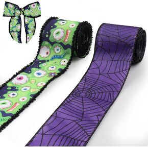 2 Rolls 10 Yard Scary Halloween Wired Edge Ribbon for DIY Craft Halloween Eyeball Spider Web Ribbon Purple Green Spooky Wrapping Ribbon for Bow Making Wreath Halloween Home Party Decoration