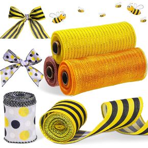 LENSARKU 5 Rolls Bee Ribbons Bumble Wired Edge Ribbons 10 Yard Yellow Burlap Mesh Ribbons 5 Yard Honeybee Decorative Ribbons for Hair Bows Wreath Craft Sewing Gift Wrapping Party Decoration