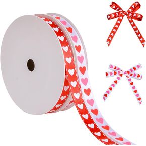 Valentine’s Day Ribbon Set, 3/8 Inch Heart Satin Ribbons for Valentines Gift Wrapping Crafts Flower Bouquet Candy Decoration Hair Bows, 2 Roll × 10 Yards Total 20 Yards, Red Pink White