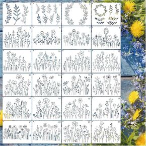 24 Pieces Flower Stencils for Crafts Reusable Wildflower Floral Spring Drawing Stencils for Painting on Wood Fabric Card Making Canvas Paper (24 Wildflower)