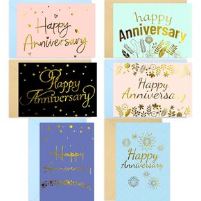 12 Anniversary Cards with Envelopes Gold Foil Anniversary Greeting Cards for Business Office Wedding 6 Designs