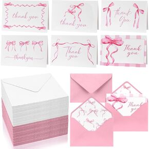 60 Set Bow Thank You Cards with Envelopes Watercolor Bow Greeting Cards BowKnot Floral Note card for Baby Shower Weddings Coquette Party Supplies(Pink)