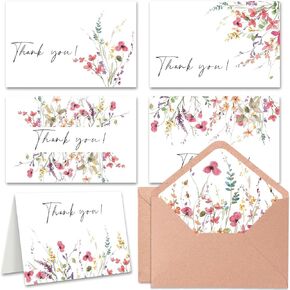 Yuzioey Wildflower Thank You Cards 4x6 Inches, Wildflower Floral Thank You Cards With Adhesive Envelopes for Birthday Baby Shower Bridal Shower Wedding (50 PCS)