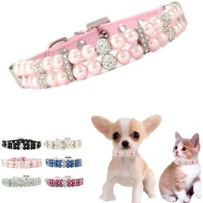 Pink Dog Pearl Necklace Collar, Crystal Fancy Bling Pearl Dog Collars Girl Rhinestone Luxury Beaded Necklace Diamond Pet Jewelry for XXS Xs Small Medium Female Dogs Cats, L