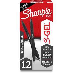 Sharpie S-Gel, Gel Pens, Drawing Pens, Gel Ink Pens For Journaling, Writing Pens, Medium Point Pens (0.7Mm), Sleek Metal Barrel, Black Ink, 12 Count