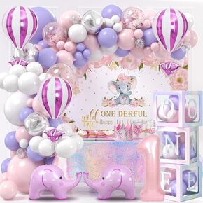 Winrayk 141Pcs Elephant First 1st Birthday Decorations Boy, ONE Box Blue Balloon Arch Backdrop Tablecloth Crown Hat Cake Topper Elephant Hot Air Balloon One Year Old First Birthday Decorations for Boy