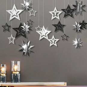 Cheerland Glitter Black Silver Party Decorations Star Garlands Starry Night Streamers Hanging Stars Birthday Twinkle Little Star Moon Decorations Graduation Halloween Wedding Bridal Ramadan NYE