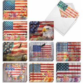 The Best Card Company - 20 American Flag Boxed Cards Blank (4 x 5.12 Inch) - Assorted Patriotic Cards for All Occasions, Veterans, USA - Artful Flags AM6580OCB-B2x10