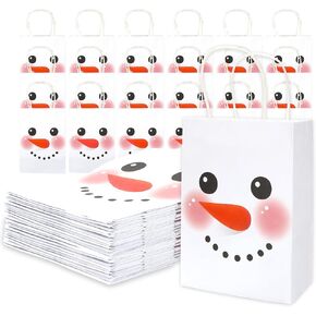 JarThenaAMCS 50Pcs Christmas Paper Gift Bags Snowman Frosty Face Treat Bags with Handles Candy Goodie Bags Grocery Shopping Bags for Winter Xmas Party Favor Supplies