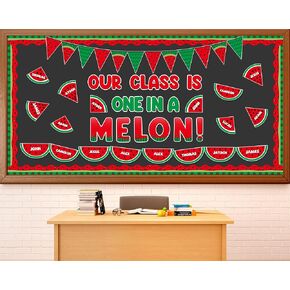 gisgfim 90 Pcs Watermelon Bulletin Board Set One in a Melon Classroom Decorations Watermelon Paper Cutouts Sweet Summer Bulletin Board for School Door Wall Decor(Our Class is One in A Melon)