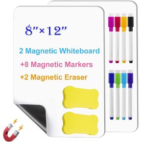 2 Pcs Magnetic Whiteboard for Fridge, Small Magnetic Dry Erase Boards with 8 Markers and 2 Eraser, Reusable Blank Magnet White Board Sheets for Home, Kitchen, Office, Classroom - 12" x 8"