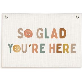 So Glad You're Here Welcome Sign for Classroom Home Office Flags Banner,Boho Retro Classroom Nursery Decor Wall Front Door Decor Hanging Banner Flag,30x20 Inch