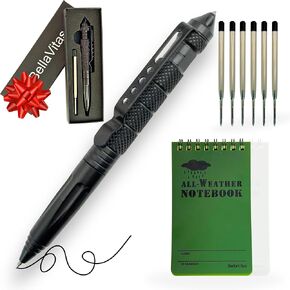 Military Tactical Pen, Emergency Glass Breaker Pen, Tactical EDC Pen, Multitool pen, Tungsten Steel Pen, Writing Fat Pen, 12 Ballpoint Pen Refills, 2 Waterproof Notebook (2 Pack)