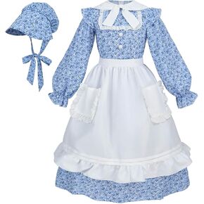 Nuoqi Colonial Dress Girls Pioneer Prairie Dress Laura Ingalls Wilder Costume with Apron