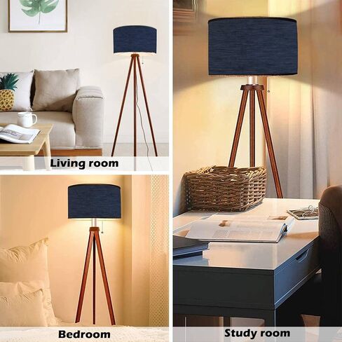 Wood Tripod Floor Lamp Navy Blue Marl Heather Triblend Melange Seamless Repeat Kit t shirt Modern Standing Lamp Linen Lampshade Dimmable Tall Lamp Mid Century Floor Lamp for Living Room Bedroom in Saudi Arabia
