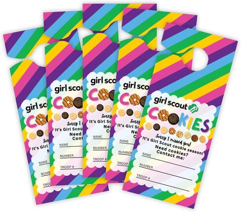 Scout Cookies Sold Here Door Hanger | 50 pk 3.5 x 8.5" Reorder Girl Cookies Contact Me To Order with Name and Troop Number Goal Striped in Saudi Arabia