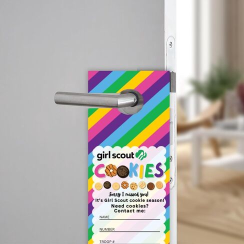 Scout Cookies Sold Here Door Hanger | 50 pk 3.5 x 8.5" Reorder Girl Cookies Contact Me To Order with Name and Troop Number Goal Striped in Saudi Arabia