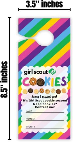 Scout Cookies Sold Here Door Hanger | 50 pk 3.5 x 8.5" Reorder Girl Cookies Contact Me To Order with Name and Troop Number Goal Striped in Saudi Arabia