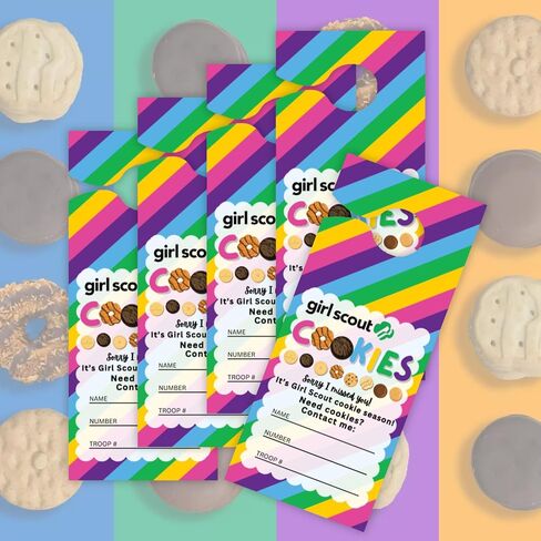 Scout Cookies Sold Here Door Hanger | 50 pk 3.5 x 8.5" Reorder Girl Cookies Contact Me To Order with Name and Troop Number Goal Striped in Saudi Arabia