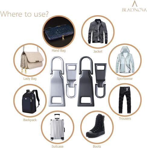 BEADNOVA Zipper Pull Replacement Repair Metal Zipper Pull Tab for Luggage Suitcase Backpack Jacket Bags Coat Boots (Gun Black and Silver Color Assorted, Size 3 and 5, 8 Piece) in Saudi Arabia