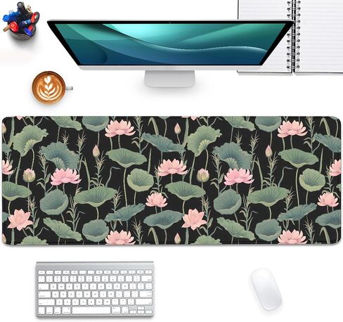 Black Flowers Lotus Floral Desk Pad Mouse Pad,Large Gaming Mouse Mat with Stitched Edges,Non-Slip Rubber Base Mouse Mat for Office,Computer,Keyboard,Laptop and Home Desk Mat(31.5X11.8 in) in Saudi Arabia