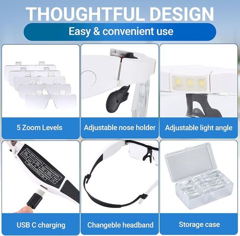 YOCTOSUN Magnifying Glasses with Light, 0.75X-4.0X Head Magnifier Glasses | 3 LED Lights,Detachable 5 Lenses,Rechargeable Magnify Glasses, Hands Free Headset Magnifier for Close Work Crafts Jewelry in Kuwait