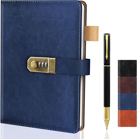 Diary with Lock for Men and Women, A5 Vintage Leather Journal with Lock for Boy and Girl, 200 Pages Refillable Lined Password Notebook with Pen for Personal Daily Writing Travel （Navy Blue） in Kuwait