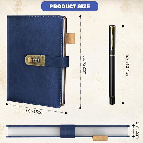 Diary with Lock for Men and Women, A5 Vintage Leather Journal with Lock for Boy and Girl, 200 Pages Refillable Lined Password Notebook with Pen for Personal Daily Writing Travel （Navy Blue） in Kuwait