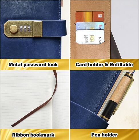 Diary with Lock for Men and Women, A5 Vintage Leather Journal with Lock for Boy and Girl, 200 Pages Refillable Lined Password Notebook with Pen for Personal Daily Writing Travel （Navy Blue） in Kuwait