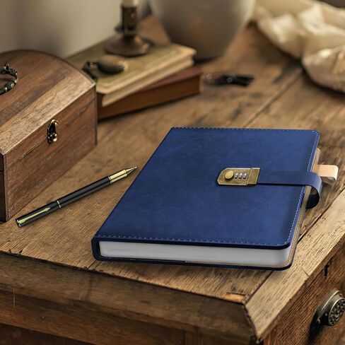 Diary with Lock for Men and Women, A5 Vintage Leather Journal with Lock for Boy and Girl, 200 Pages Refillable Lined Password Notebook with Pen for Personal Daily Writing Travel （Navy Blue） in Kuwait