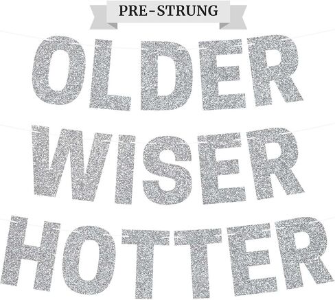 Pre-strung Older Wiser Hotter Banner - No DIY - Black Glitter Happy Birthday Party Banner - Pre-strung Garland on 8 ft Strands. Black Birthday Party Decorations for Men & Women. Did We Mention No DIY in Saudi Arabia
