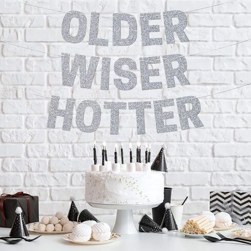 Pre-strung Older Wiser Hotter Banner - No DIY - Black Glitter Happy Birthday Party Banner - Pre-strung Garland on 8 ft Strands. Black Birthday Party Decorations for Men & Women. Did We Mention No DIY in Saudi Arabia