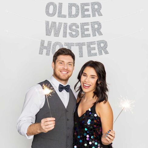 Pre-strung Older Wiser Hotter Banner - No DIY - Black Glitter Happy Birthday Party Banner - Pre-strung Garland on 8 ft Strands. Black Birthday Party Decorations for Men & Women. Did We Mention No DIY in Saudi Arabia