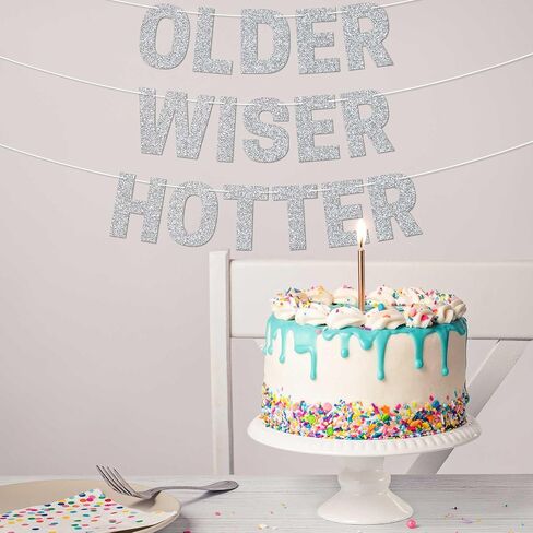 Pre-strung Older Wiser Hotter Banner - No DIY - Black Glitter Happy Birthday Party Banner - Pre-strung Garland on 8 ft Strands. Black Birthday Party Decorations for Men & Women. Did We Mention No DIY in Saudi Arabia