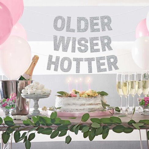 Pre-strung Older Wiser Hotter Banner - No DIY - Black Glitter Happy Birthday Party Banner - Pre-strung Garland on 8 ft Strands. Black Birthday Party Decorations for Men & Women. Did We Mention No DIY in Saudi Arabia