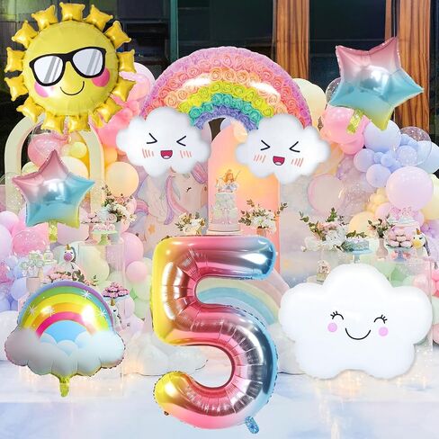 5th Birthday Decorations Girl, 5th Rainbow Birthday Balloons Set with Sun Rainbow Gradient Stars and 40 Inch Number 5 Foil Balloon for Rainbow Theme Girls 5th Birthday Party Decoration Supplies in Kuwait