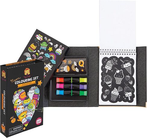 Tiger Tribe Neon Coloring Set - Glow Friends, Cute Activity Set for Kids, incl. Stickers & Markers, Portable, Perfect for Travel, Great Gift in Kuwait
