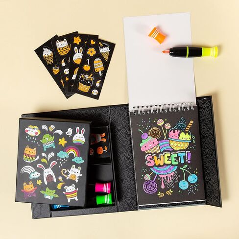 Tiger Tribe Neon Coloring Set - Glow Friends, Cute Activity Set for Kids, incl. Stickers & Markers, Portable, Perfect for Travel, Great Gift in Kuwait