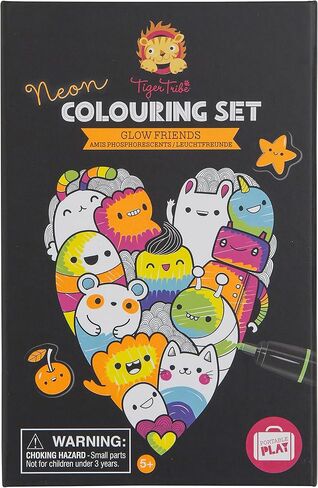 Tiger Tribe Neon Coloring Set - Glow Friends, Cute Activity Set for Kids, incl. Stickers & Markers, Portable, Perfect for Travel, Great Gift in Kuwait
