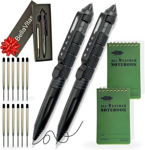 Military Tactical Pen, Emergency Glass Breaker Pen, Tactical EDC Pen, Multitool pen, Tungsten Steel Pen, Writing Fat Pen, 12 Ballpoint Pen Refills, 2 Waterproof Notebook (2 Pack) in Saudi Arabia