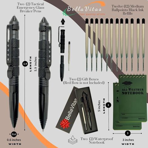 Military Tactical Pen, Emergency Glass Breaker Pen, Tactical EDC Pen, Multitool pen, Tungsten Steel Pen, Writing Fat Pen, 12 Ballpoint Pen Refills, 2 Waterproof Notebook (2 Pack) in Saudi Arabia