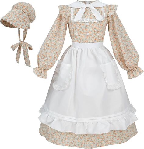 Nuoqi Colonial Dress Girls Pioneer Prairie Dress Laura Ingalls Wilder Costume with Apron in Kuwait